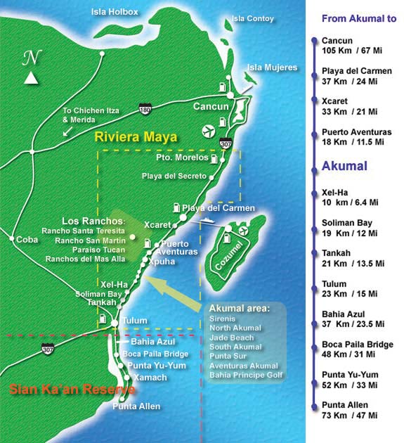 Map of the Mayan Riviera in Mexico - Hotel Cielo